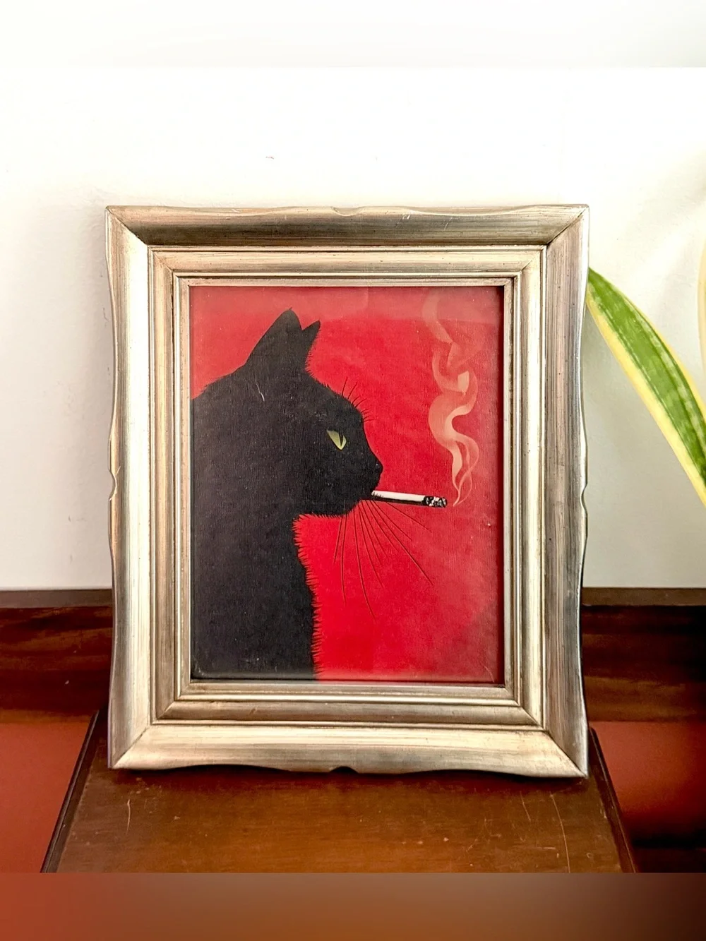 Black Cat Smoking a Cigarette Ornate Silver Framed Canvas Art Print Wall Hanging